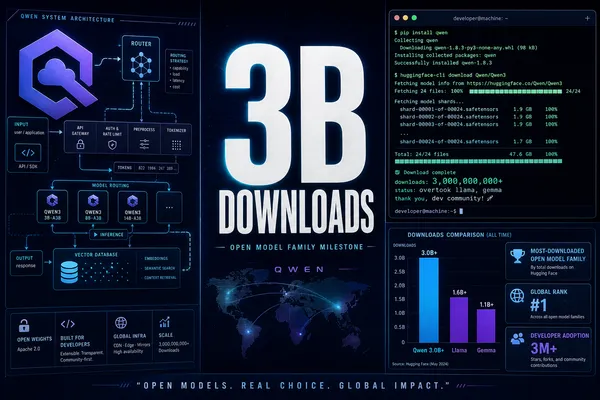 Dramatic editorial tech magazine cover for the Qwen 3 billion downloads milestone — left zone shows the Qwen logo mark integrated with a download-growth chart and model family architecture nodes; center carries the headline '3B DOWNLOADS' in large editorial type; right-upper shows a terminal window with Hugging Face download commands; right-lower shows a bar chart comparing Qwen, Llama, and Gemma download totals. Deep navy background with cyan electric glow and purple accents, WIRED/Bloomberg style.