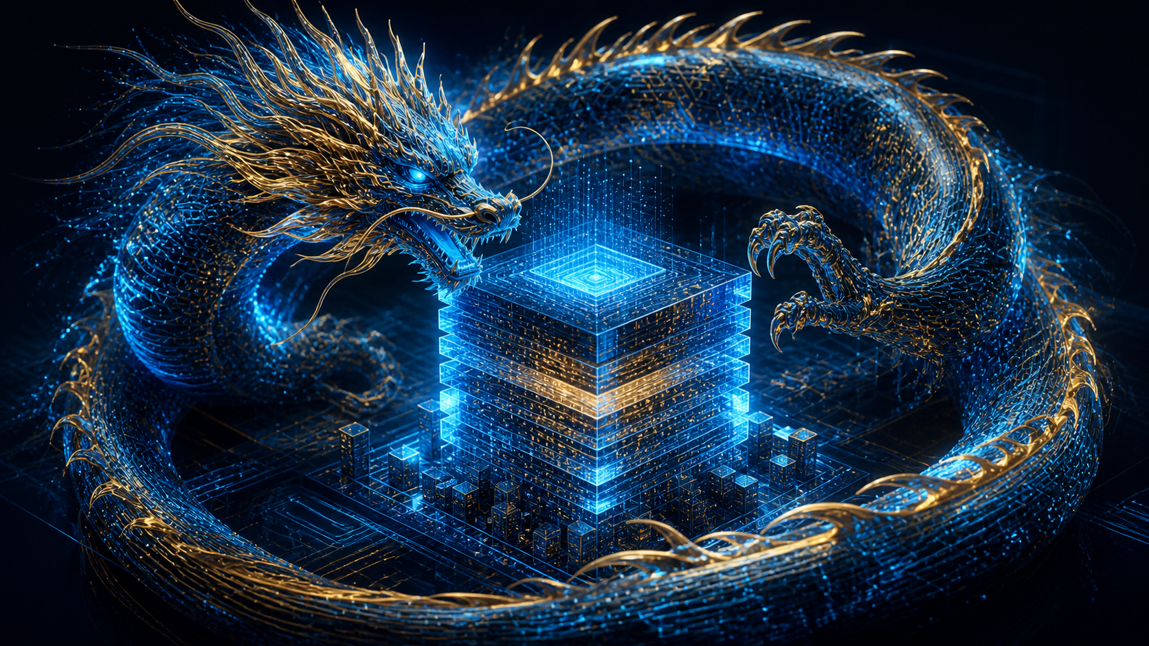 Editorial tech magazine hero image for a Tencent Hy3 article — a stylized Chinese dragon formed from glowing circuit board patterns and neural network nodes wrapping around a cube of layered data blocks, deep midnight blue to dark teal gradient with gold and neon cyan highlights.