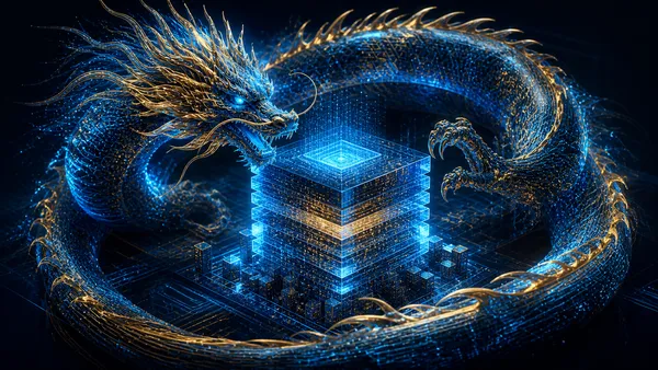 Editorial tech magazine hero image for a Tencent Hy3 article — a stylized Chinese dragon formed from glowing circuit board patterns and neural network nodes wrapping around a cube of layered data blocks, deep midnight blue to dark teal gradient with gold and neon cyan highlights.