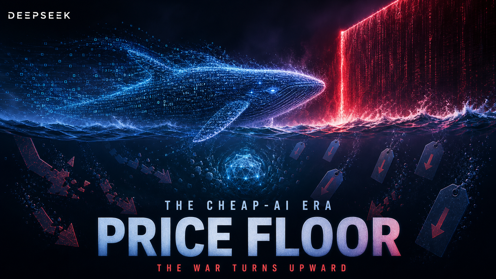 Editorial tech magazine hero image for DeepSeek API price increase — DeepSeek whale logo over deep navy background, rising price chart with an upward arrow, API pricing table panels, server cost panels, cyan and purple neon glow accents