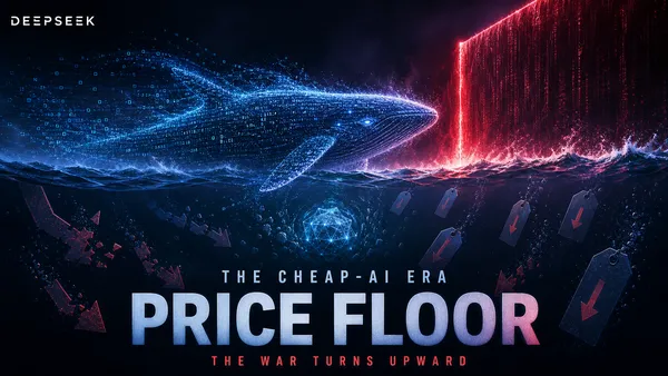 Editorial tech magazine hero image for DeepSeek API price increase — DeepSeek whale logo over deep navy background, rising price chart with an upward arrow, API pricing table panels, server cost panels, cyan and purple neon glow accents