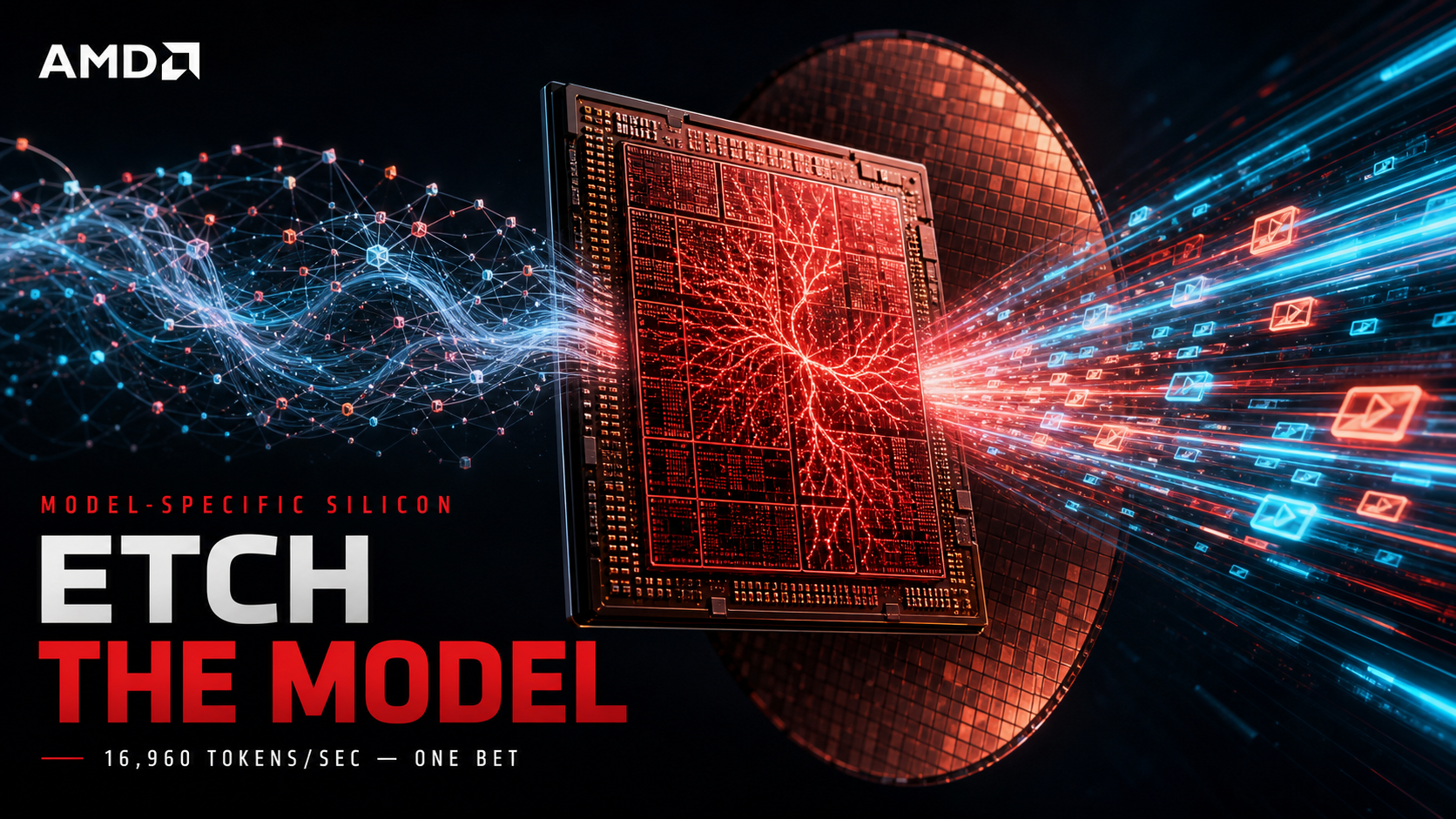 Editorial tech magazine hero image for AMD acquiring Taalas — AMD logo lockup with silicon wafer architecture diagram showing model weights etched into die, cover headline in large editorial type, terminal window with inference benchmark commands, benchmark chart showing 16,960 tokens per second versus GPUs, deep navy with cyan and purple neon glow
