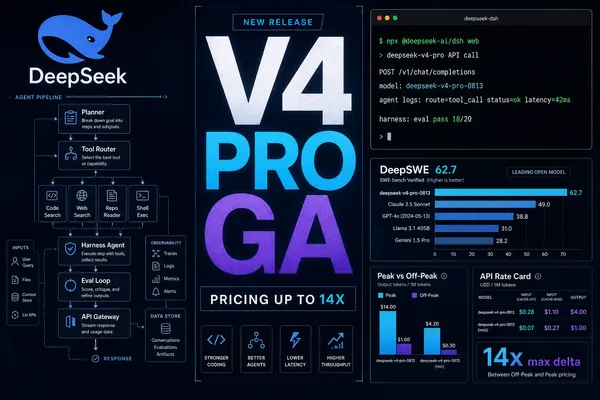 Editorial tech magazine collage for the DeepSeek V4 Pro GA launch — left panel shows the DeepSeek whale mark integrated with an agent pipeline diagram (planning, tool use, loop) with data flow arrows and a 1M CONTEXT badge; center panel has the headline 'V4 PRO GA' in large editorial type with a kicker about pricing up to 14x; right-upper panel is a terminal window showing DeepSeek API calls and agent logs; right-lower panel is a pricing/benchmark panel with bar charts and peak vs off-peak rate cards. Deep navy background with cyan electric glow and purple accents. WIRED/Bloomberg Businessweek editorial tech cover style.