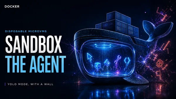 Editorial tech magazine hero image for Docker Sandboxes — Docker whale brand mark over deep navy background, microVM isolation architecture diagram with data flow arrows, terminal window showing sbx install and sbx run claude commands, comparison chart bars in cyan and purple neon glow