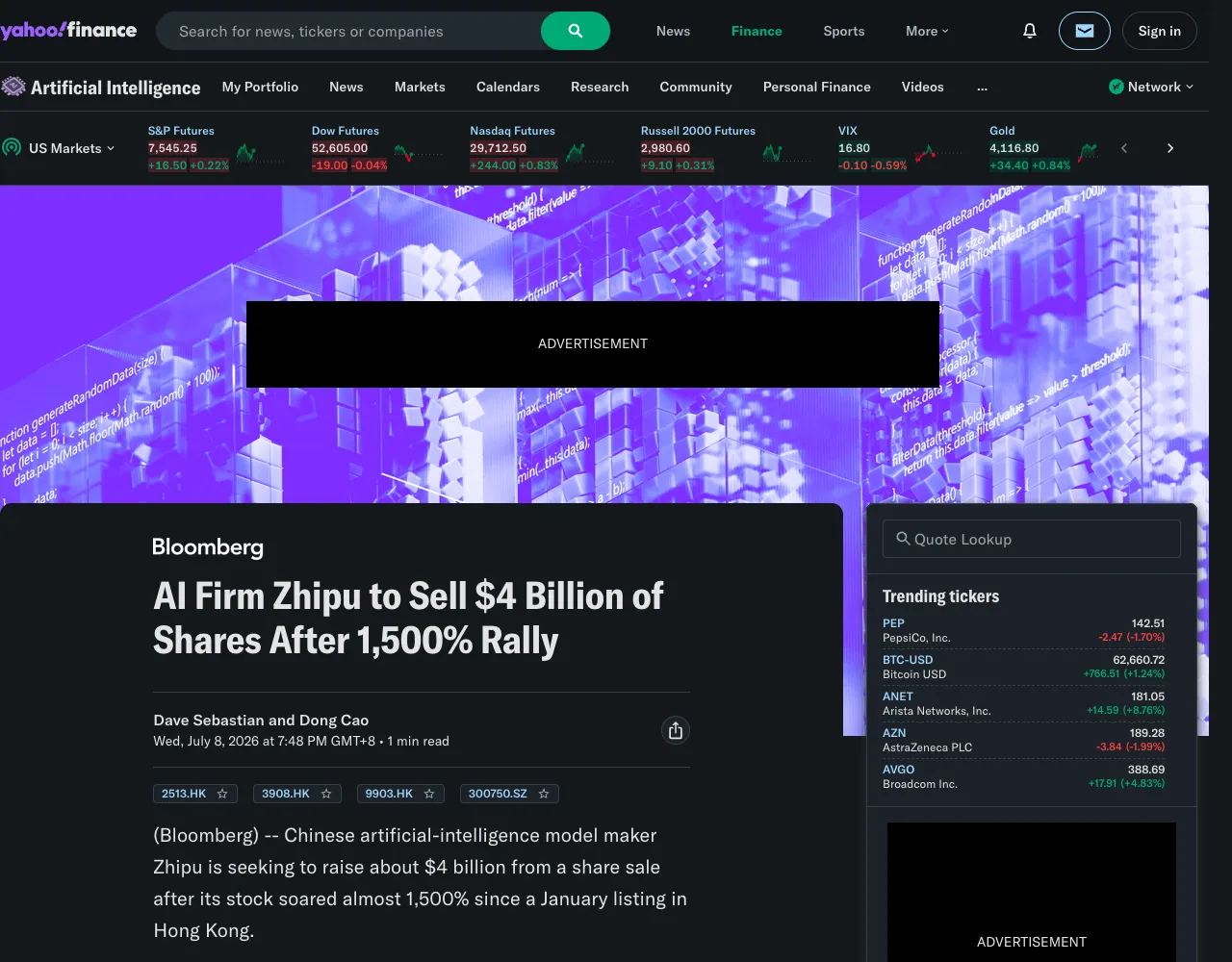 Bloomberg/Yahoo Finance article showing the headline "AI Firm Zhipu to Sell $4 Billion of Shares After 1,500% Rally", Yahoo Finance logo, date, and author.