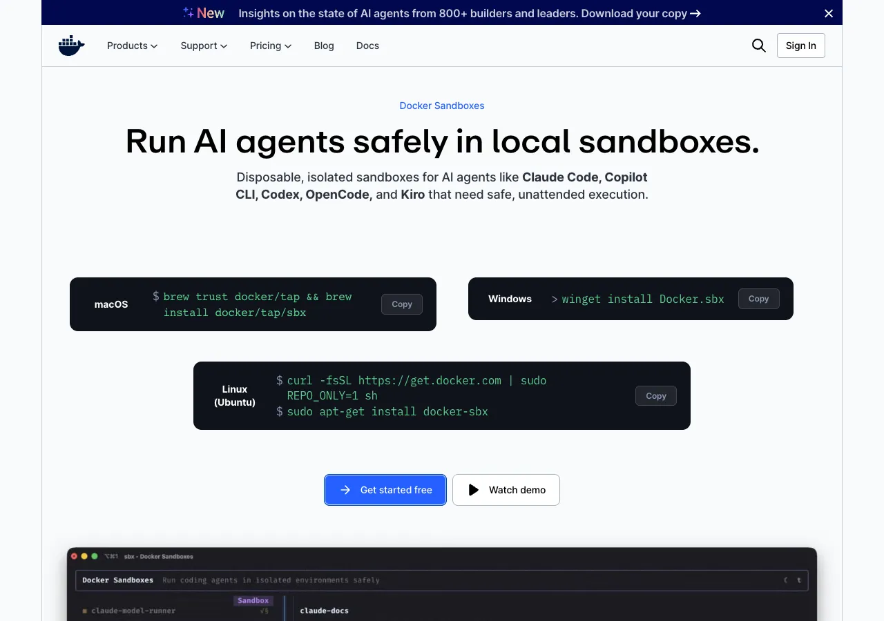 Docker Sandboxes product page showing the sbx CLI install commands for macOS, Linux, and Windows — source: docker.com