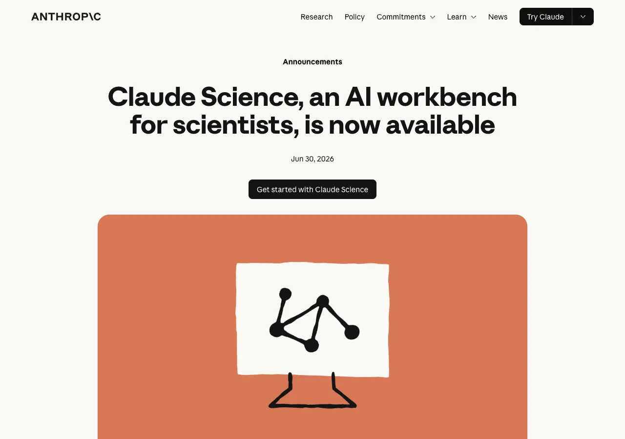 Anthropic Claude Science announcement page showing the scientific workbench headline and opening content.