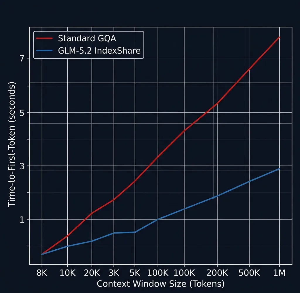 Attention Latency Benchmark Chart comparing Standard GQA vs GLM-5.2 IndexShare scaling up to 1M tokens.