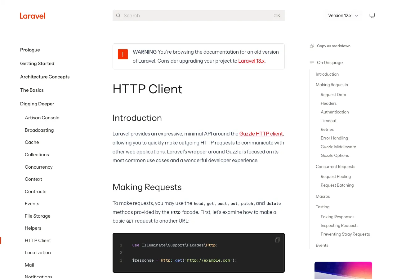 Laravel HTTP Client documentation showing the HTTP Client page, navigation, and request example.