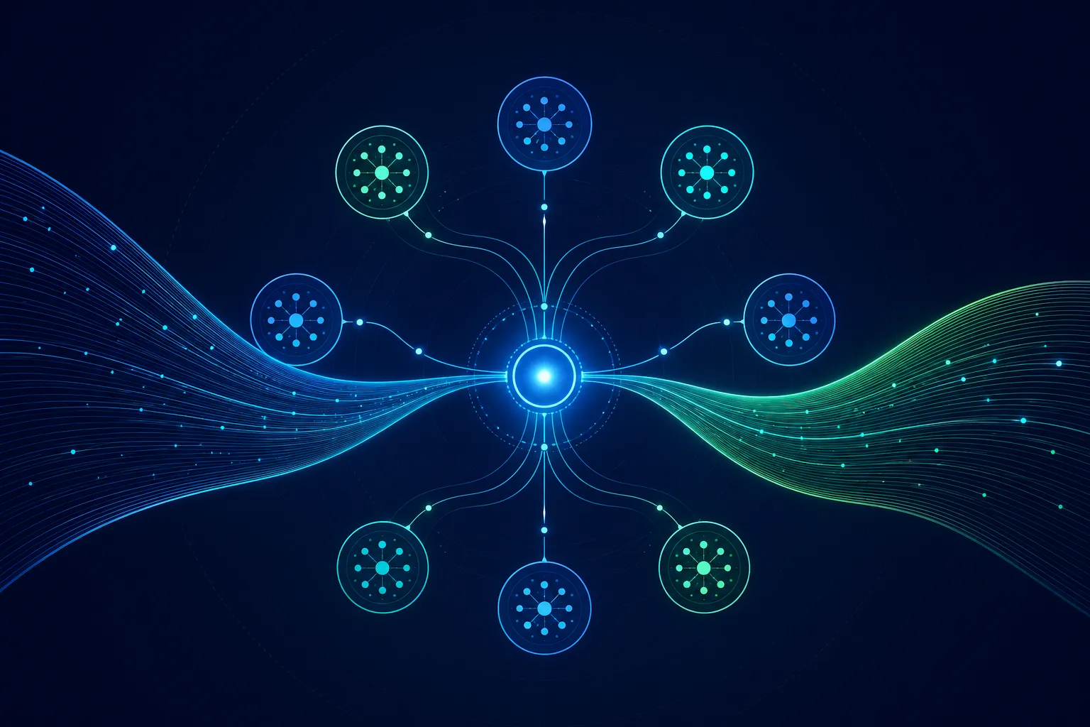 Abstract DeepSeek-V4 MoE architecture visual showing expert clusters connected to a long-context memory band