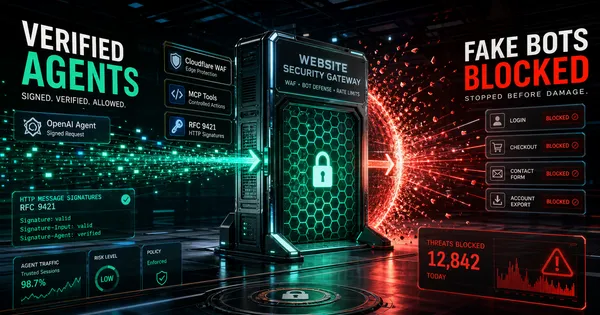 Editorial cover showing verified AI agent traffic passing through a website security gateway while fake bot traffic is blocked.