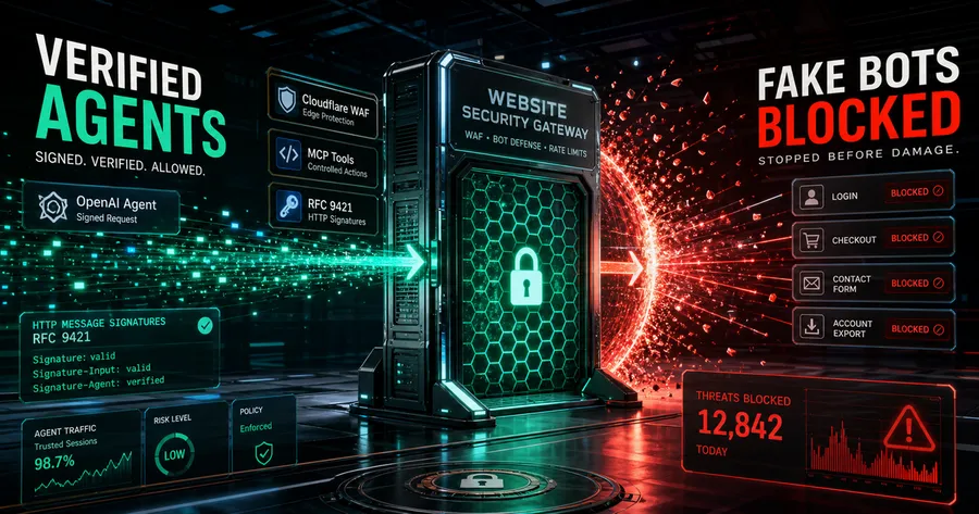 Editorial cover showing verified AI agent traffic passing through a website security gateway while fake bot traffic is blocked.