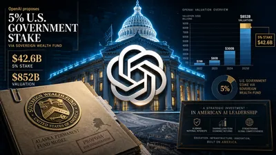 Editorial tech magazine collage for the OpenAI sovereign wealth fund story — a large metallic OpenAI logo over a glowing US Capitol building, with valuation charts showing $42.6B at $852B, a folder stamped "Alaska Permanent Fund Model," a sovereign wealth fund seal, and financial data panels on a deep navy background with electric cyan and gold accents.
