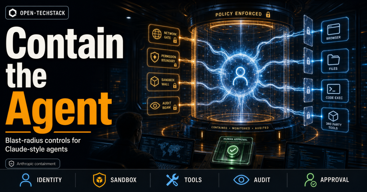 Dramatic Open-TechStack cover showing a luminous AI agent contained inside a secure chamber with permission boundaries, sandbox walls, network gates, audit beams, and human approval controls.