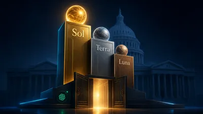 Editorial tech magazine hero image for GPT-5.6 Sol going public — three ascending pillars labeled Sol, Terra, Luna glowing in gold, silver, and bronze against dark navy with a gate swinging open at their base, warm amber and cyan accents.