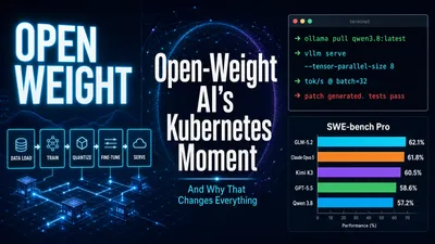 Editorial tech magazine cover — OPEN and WEIGHT in bold white and cyan typography on deep navy background with cyan electric glow, headline 'THE KUBERNETES MOMENT' in center, left-side architecture pipeline diagram with data flow arrows (DATA LOAD, TRAIN, QUANTIZE, FINE-TUNE, MERGE, SERVE), right-upper terminal window with CLI commands for ollama pull qwen3.8 and vllm serve, right-lower benchmark bar chart comparing GLM-5.2 (62.1%), Claude Opus 5 (61.8%), Kimi K3 (60.5%), GPT-5.5 (58.6%), Qwen 3.8 (57.2%) on SWE-bench Pro, brand names QWEN, KIMI K3, GLM-5.2, NEMOTRON in brand colors at bottom, restrained purple accents