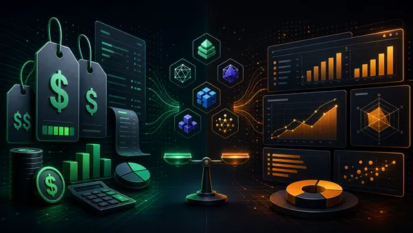 Editorial tech magazine hero image for an AI model cost comparison — split-screen with price tags and dollar signs on one side and benchmark score bars on the other, model logos floating between them, dark navy with emerald green and amber accents.