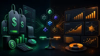 Editorial tech magazine hero image for an AI model cost comparison — split-screen with price tags and dollar signs on one side and benchmark score bars on the other, model logos floating between them, dark navy with emerald green and amber accents.