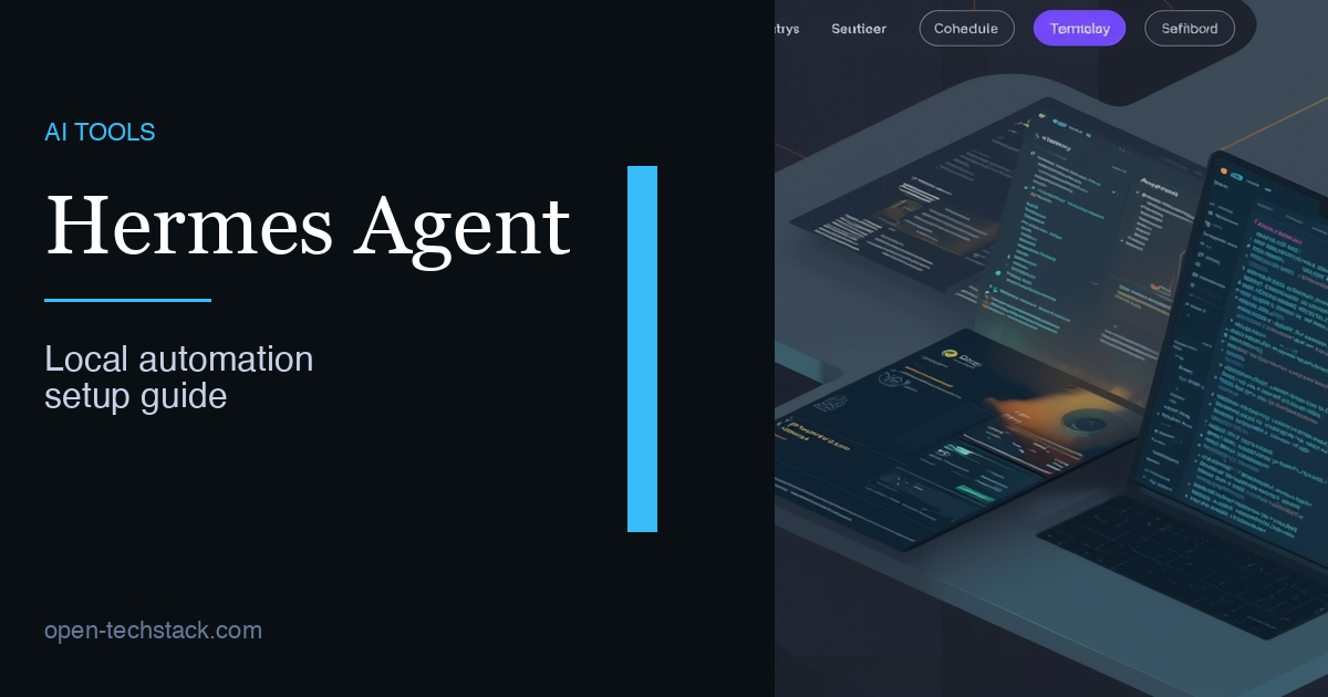 Editorial cover showing a local Hermes Agent workflow with a terminal, scheduler, dashboard, and MCP tool path arranged as one controlled automation stack.