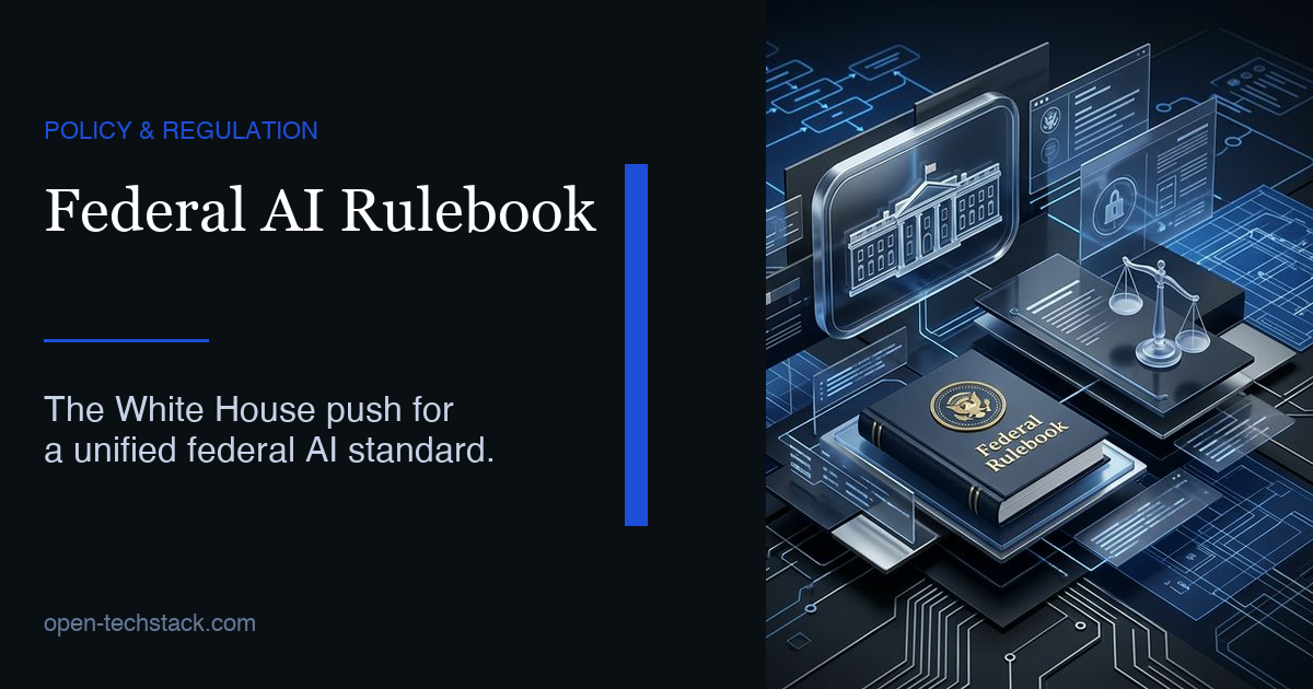 Stylized editorial collage showing the White House, a federal rulebook, and scales of justice representing AI policy.