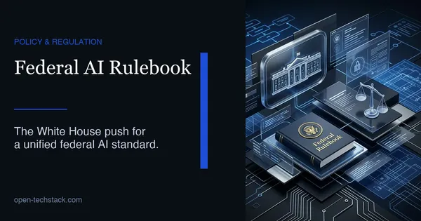 Stylized editorial collage showing the White House, a federal rulebook, and scales of justice representing AI policy.