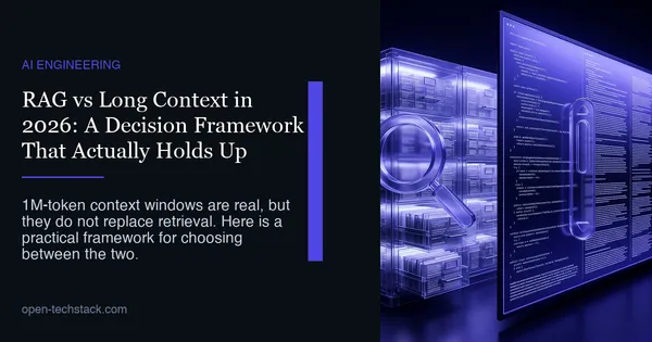 Open-Techstack editorial cover for a practical RAG vs long-context decision framework.