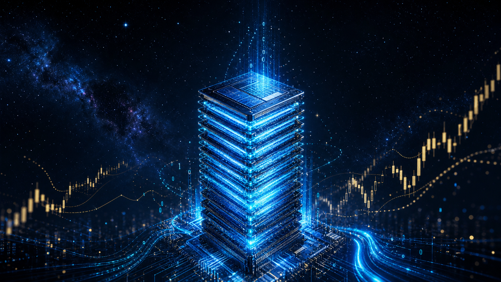 A towering stack of HBM memory chips glows electric blue against a deep space background, with golden stock chart lines arcing upward around it — editorial cover for SK Hynix record Nasdaq listing story.
