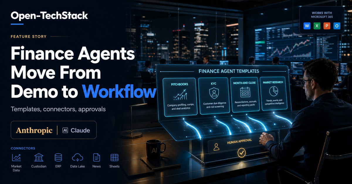 Editorial cover showing finance agent templates running inside a trading floor workflow with Microsoft 365 context, Claude, data connectors, and a human approval checkpoint.