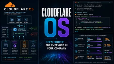 Premium editorial magazine collage for the Cloudflare OS open-source launch — left panel shows the Cloudflare logo lockup integrated with an agent workspace and Gatekeeper security diagram showing capability arrows, access-control nodes, and data flow between agents, apps, and internal systems; center panel has the huge headline 'CLOUDFLARE OS' in bold editorial type with the subhead 'OPEN SOURCE — FOR EVERYONE IN YOUR COMPANY'; right-upper panel is a terminal window showing worker deployment commands and env.PROJECT capability bindings; right-lower panel is a metric panel comparing Dynamic Workers isolates vs containers (100x faster start, 10-100x less memory) plus a token-usage chart. Deep navy background with cyan electric glow and purple accents. WIRED/Bloomberg Businessweek editorial tech cover style.