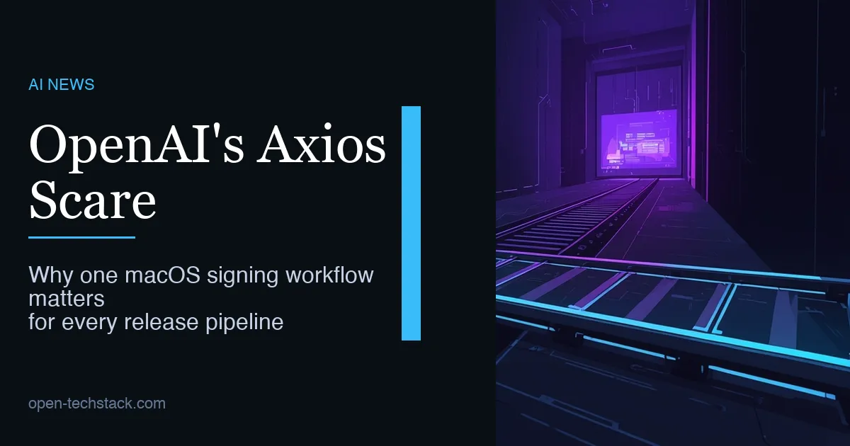 Editorial cover showing a macOS app-signing pipeline with a compromised dependency crossing into a certificate lane guarded by security controls.