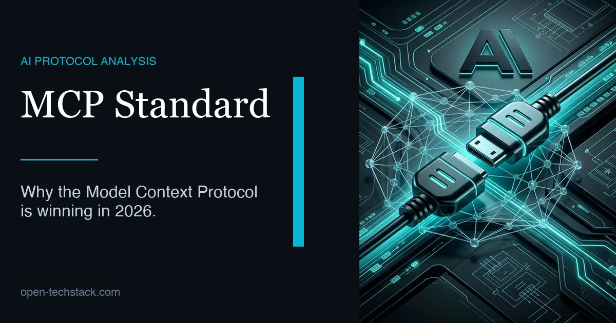 Editorial cover showing “MCP Standard” typography beside a glowing cable-and-network visual representing AI tool connectivity.