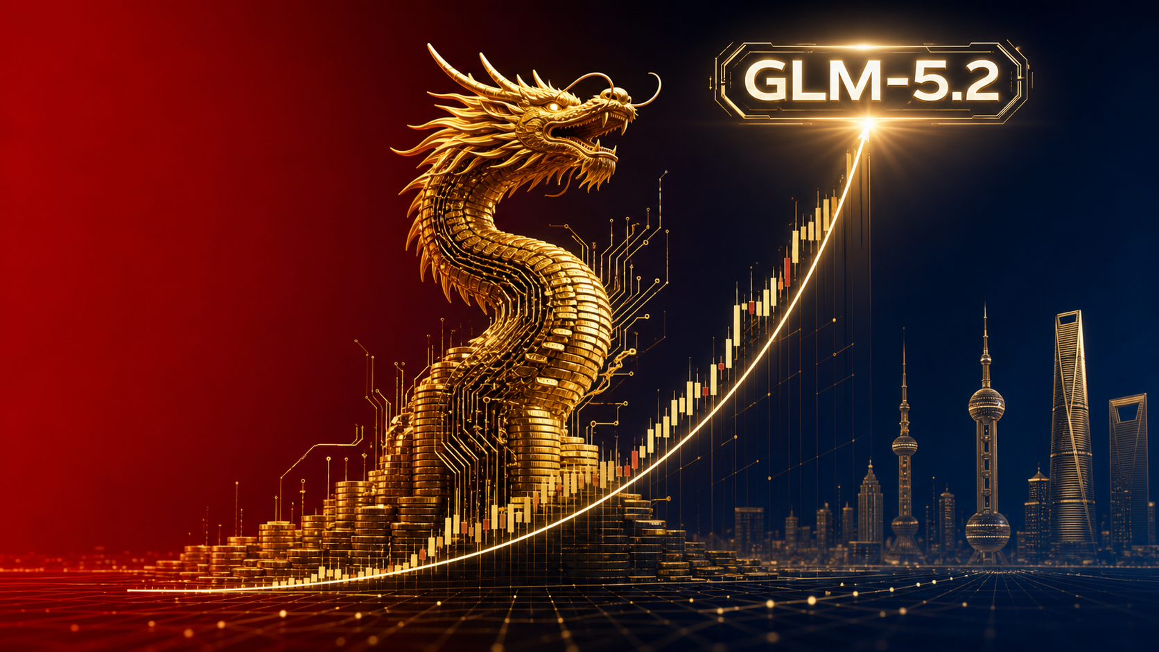 Editorial tech magazine hero image for Zhipu AI $128B valuation — a Chinese dragon made of gold coins and circuit pathways rising from a stock chart with exponential curve, GLM-5.2 logo at peak, deep crimson to midnight blue with gold accents.