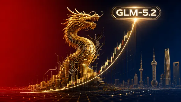 Editorial tech magazine hero image for Zhipu AI $128B valuation — a Chinese dragon made of gold coins and circuit pathways rising from a stock chart with exponential curve, GLM-5.2 logo at peak, deep crimson to midnight blue with gold accents.