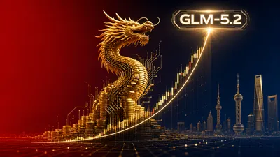Editorial tech magazine hero image for Zhipu AI $128B valuation — a Chinese dragon made of gold coins and circuit pathways rising from a stock chart with exponential curve, GLM-5.2 logo at peak, deep crimson to midnight blue with gold accents.