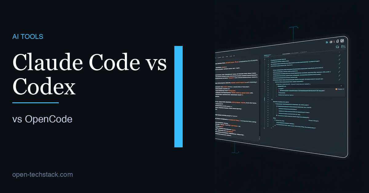 Editorial cover contrasting three different AI coding agent operating models: Claude Code, Codex, and OpenCode.