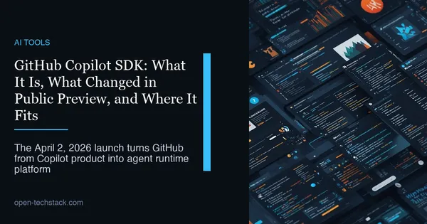 Editorial illustration of a Copilot-style agent runtime embedded into developer applications, with session flows and tracing signals.