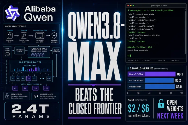 Premium editorial magazine collage for the Qwen3.8-Max launch — left panel shows the Qwen/Alibaba logo lockup integrated with a model architecture and agent pipeline diagram (planning, tool use, computer-use loop) with directional arrows and a '2.4T PARAMS / 1M CONTEXT' badge; center panel has the huge headline 'QWEN3.8-MAX' in bold editorial type with the subhead 'OPEN WEIGHTS NEXT WEEK'; right-upper panel is a terminal window showing qwencloud API calls and agent logs with OSWorld output; right-lower panel is a benchmark comparison chart with bars for OSWorld-Verified (86.1 vs GPT-5.6 Sol Max 83.2, Fable 5 85.0) and PaperBench, plus a cost-per-million-tokens panel showing $2/$6. Deep navy background with cyan electric glow and purple accents. WIRED/Bloomberg Businessweek editorial tech cover style.