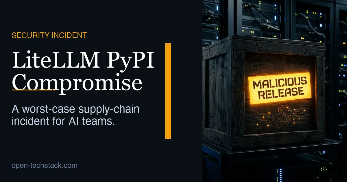 A high-contrast editorial image evoking a Python package supply chain compromise: a shipment label stamped 'MALICIOUS RELEASE' over server-like textures.