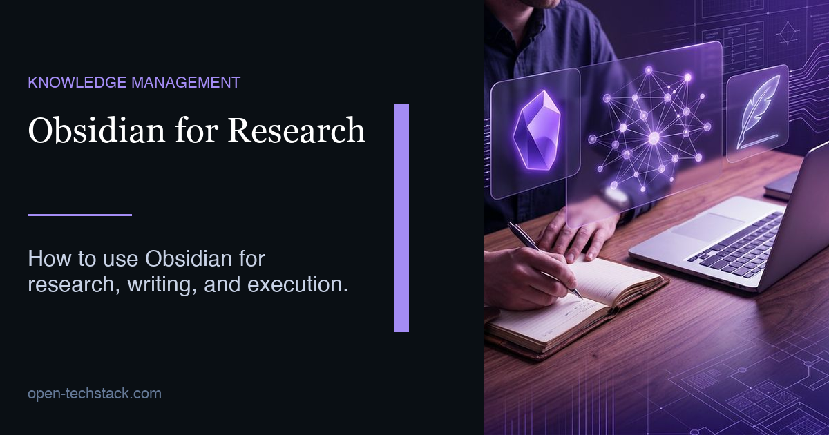 A glowing purple crystal representing Obsidian at the center of an organized digital research network.