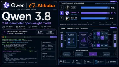 Editorial tech magazine hero image for Qwen 3.8 — Alibaba/Qwen logo with cyan neon glow on deep navy background, '2.4T PARAMETERS' and 'SECOND ONLY TO FABLE 5' callout, circuit-board traces and data stream motifs, benchmark comparison panels showing frontier model rankings, QwenCloud Token Plan interface preview, premium WIRED-style layout with electric blue and restrained purple accents