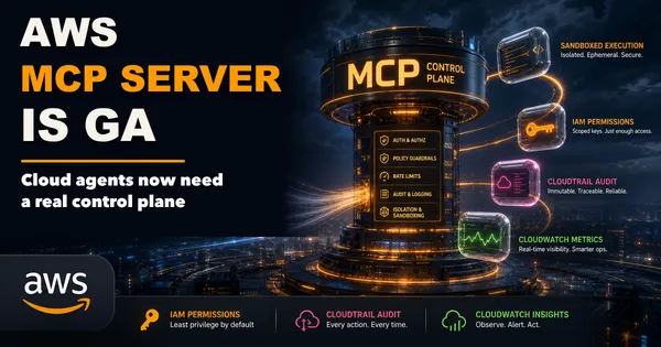 Dramatic editorial cover with AWS branding, AI agent streams, and an MCP control tower surrounded by IAM, CloudTrail, CloudWatch, and sandbox guardrails.