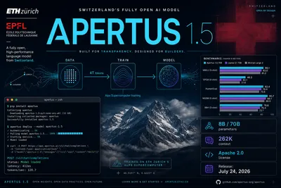 Editorial magazine collage for Apertus 1.5 — 'APERTUS 1.5' in massive cyan typography at center with the line 'SWITZERLAND'S FULLY OPEN AI MODEL' above, ETH Zurich and EPFL logos in the top-left, a three-node connected architecture diagram (DATA to TRAIN to MODEL) with directional arrows and '4T tokens' data flow label across the middle, a terminal/CLI window in the lower-left showing 'pip install apertus' and 'apertus deploy' commands with 'status: Model loaded' and API curl example, a benchmark bar chart panel on the right comparing Apertus 1.5 70B vs Llama 3.1 70B vs Mistral Large 2 across MMLU, GPQA, HumanEval, MGSM, and BBH with numeric scores, and spec cards showing 8B/70B params, 262K context, Apache 2.0, and July 24 release date. A large translucent Swiss red cross watermark in the upper-right background, Alpine mountain photo at the bottom, and a Swiss map with Zurich and Lausanne pins. Deep navy background with cyan electric glow and restrained purple accents. Premium WIRED/Bloomberg Businessweek editorial tech cover style.