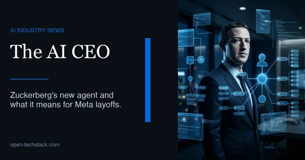A photorealistic collage of Mark Zuckerberg surrounded by glowing blue AI agent nodes and organizational chart data.
