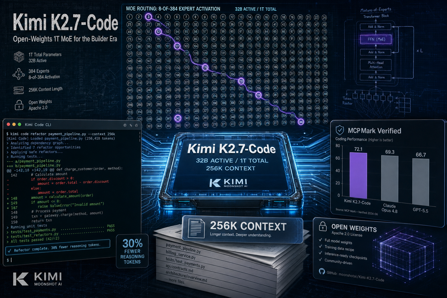 Editorial magazine collage of Moonshot AI’s Kimi K2.7-Code: glowing Mixture-of-Experts routing diagram, benchmark bar charts, terminal session with Kimi Code CLI, and model architecture blueprint lines on a dark navy canvas with cyan electric accents.