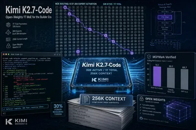 Editorial magazine collage of Moonshot AI’s Kimi K2.7-Code: glowing Mixture-of-Experts routing diagram, benchmark bar charts, terminal session with Kimi Code CLI, and model architecture blueprint lines on a dark navy canvas with cyan electric accents.