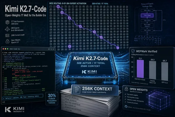 Editorial magazine collage of Moonshot AI’s Kimi K2.7-Code: glowing Mixture-of-Experts routing diagram, benchmark bar charts, terminal session with Kimi Code CLI, and model architecture blueprint lines on a dark navy canvas with cyan electric accents.