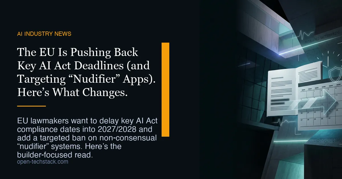 Editorial cover showing a legal document and calendar motif with abstract European parliamentary architecture and an AI circuit overlay, signaling shifting AI Act timelines.