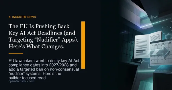 Editorial cover showing a legal document and calendar motif with abstract European parliamentary architecture and an AI circuit overlay, signaling shifting AI Act timelines.