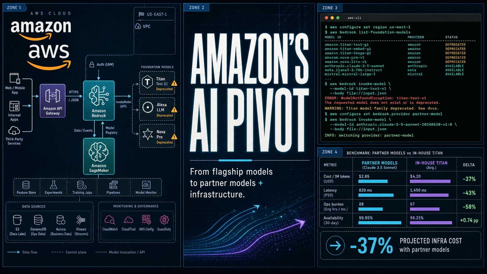 Premium editorial magazine collage for Amazon's AI pivot story — a three-zone layout on deep navy background: left panel shows Amazon/AWS logos integrated with an AWS architecture diagram (API Gateway, Bedrock, SageMaker) with Titan, Alexa LLM, and Nova Pro marked 'Deprecated'; center panel has the headline 'AMAZON'S AI PIVOT' in bold white editorial type with subhead 'From flagship models to partner models + infrastructure'; right-upper panel is an AWS CLI terminal showing deprecation warnings and Titan 'model not found' errors with commands switching to partner models; right-lower panel is a benchmark table comparing Partner Models vs In-House Titan with cost, latency, ops burden, and availability metrics showing -37% to -58% improvements. Cyan electric glow and restrained purple accents. WIRED/Bloomberg Businessweek editorial tech cover style.