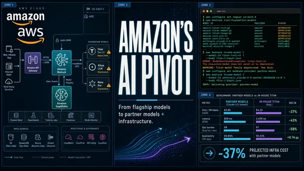 Premium editorial magazine collage for Amazon's AI pivot story — a three-zone layout on deep navy background: left panel shows Amazon/AWS logos integrated with an AWS architecture diagram (API Gateway, Bedrock, SageMaker) with Titan, Alexa LLM, and Nova Pro marked 'Deprecated'; center panel has the headline 'AMAZON'S AI PIVOT' in bold white editorial type with subhead 'From flagship models to partner models + infrastructure'; right-upper panel is an AWS CLI terminal showing deprecation warnings and Titan 'model not found' errors with commands switching to partner models; right-lower panel is a benchmark table comparing Partner Models vs In-House Titan with cost, latency, ops burden, and availability metrics showing -37% to -58% improvements. Cyan electric glow and restrained purple accents. WIRED/Bloomberg Businessweek editorial tech cover style.
